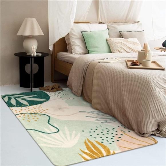 Green Botanical Print Small Throw Rugs Modern Abstract Non-Slip 3x5 Minimalist - Picture 3 of 6